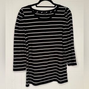 Talbots 100% Pima Cotton Black White Striped Long Puff Sleeve Crew Neck Top M